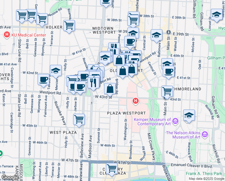 map of restaurants, bars, coffee shops, grocery stores, and more near 701 Westport Road in Kansas City