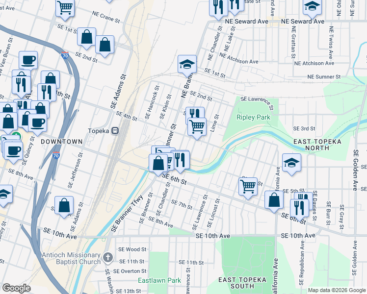 map of restaurants, bars, coffee shops, grocery stores, and more near 1001-1099 SE 4th St in Topeka