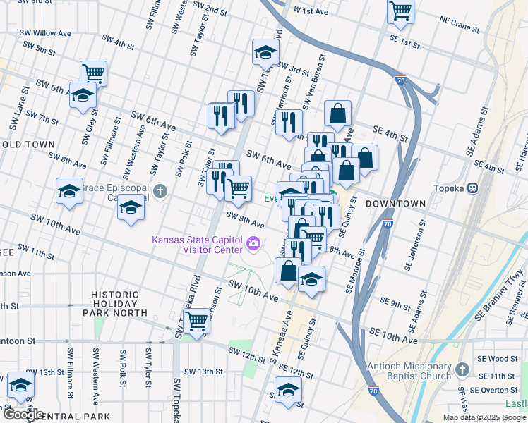 map of restaurants, bars, coffee shops, grocery stores, and more near 700 Southwest Harrison Street in Topeka