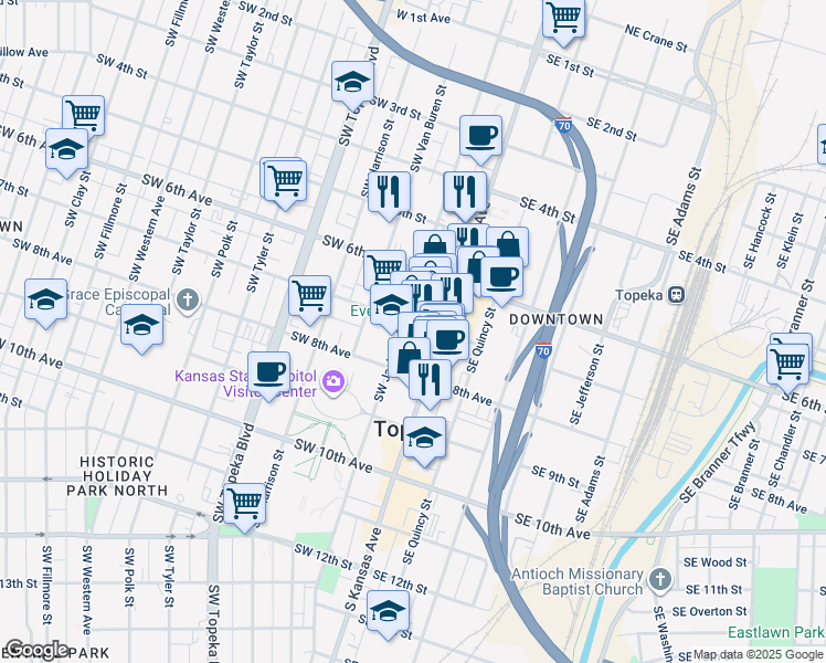 map of restaurants, bars, coffee shops, grocery stores, and more near 700 Southwest Jackson Street in Topeka