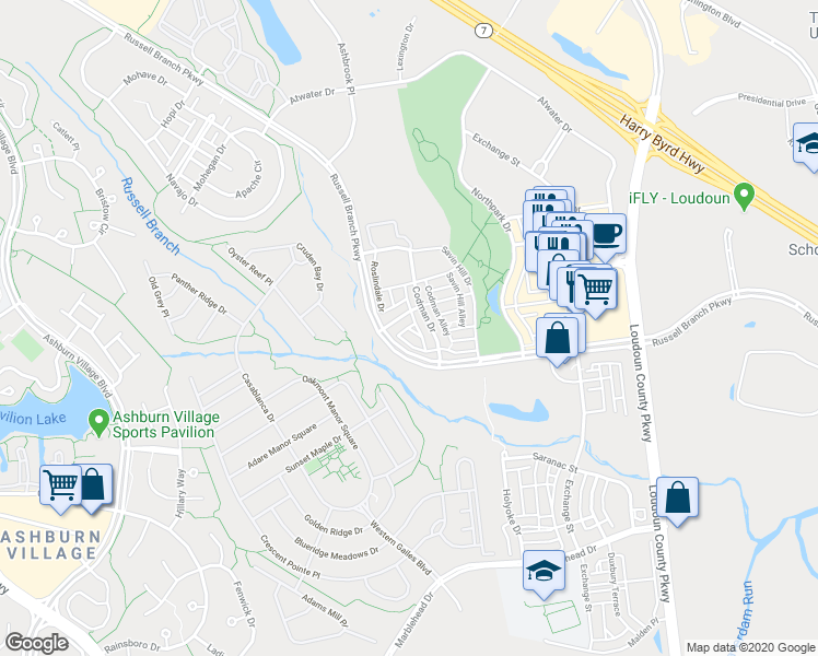 map of restaurants, bars, coffee shops, grocery stores, and more near Rockport Alley in Ashburn