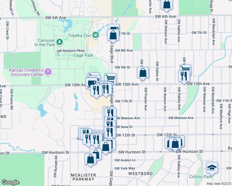 map of restaurants, bars, coffee shops, grocery stores, and more near 1011 Southwest Cambridge Avenue in Topeka