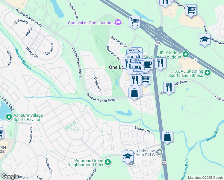 map of restaurants, bars, coffee shops, grocery stores, and more near 20437 Savin Hill Drive in Ashburn