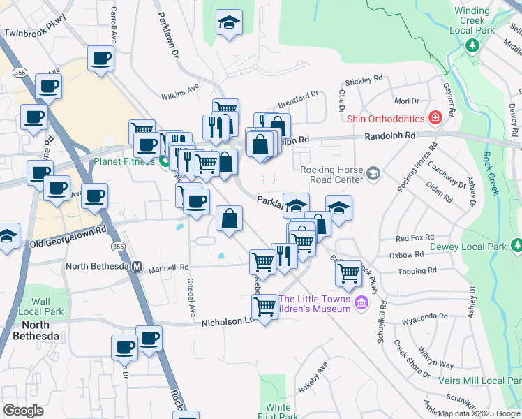 map of restaurants, bars, coffee shops, grocery stores, and more near 11850 Parklawn Drive in Rockville