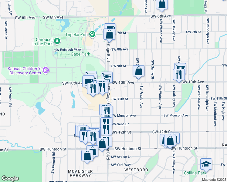 map of restaurants, bars, coffee shops, grocery stores, and more near 1011 Southwest Cambridge Avenue in Topeka