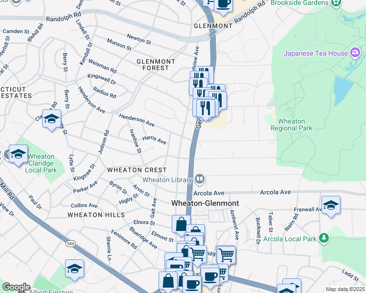 map of restaurants, bars, coffee shops, grocery stores, and more near 11807 Grandview Avenue in Wheaton-Glenmont