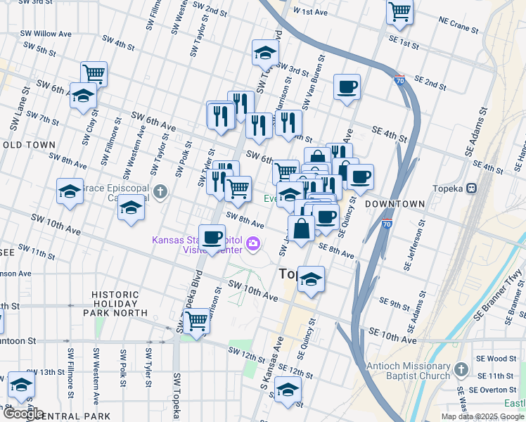 map of restaurants, bars, coffee shops, grocery stores, and more near 719 Southwest Van Buren Street in Topeka