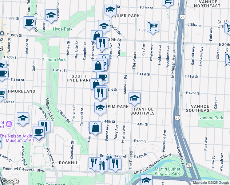 map of restaurants, bars, coffee shops, grocery stores, and more near 4136 Tracy Avenue in Kansas City