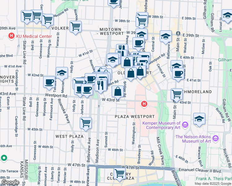 map of restaurants, bars, coffee shops, grocery stores, and more near 4262 Jefferson Street in Kansas City