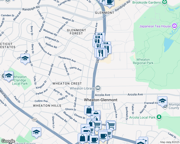 map of restaurants, bars, coffee shops, grocery stores, and more near 11807 Grandview Avenue in Wheaton-Glenmont