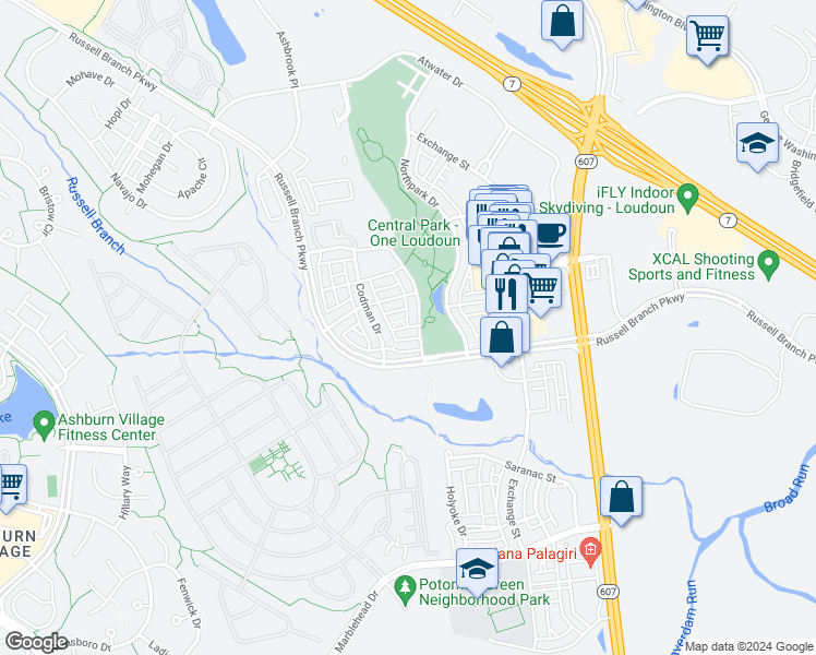 map of restaurants, bars, coffee shops, grocery stores, and more near Wellsboro Drive in Ashburn