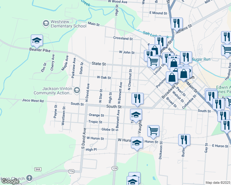 map of restaurants, bars, coffee shops, grocery stores, and more near 76 North Bennett Avenue in Jackson