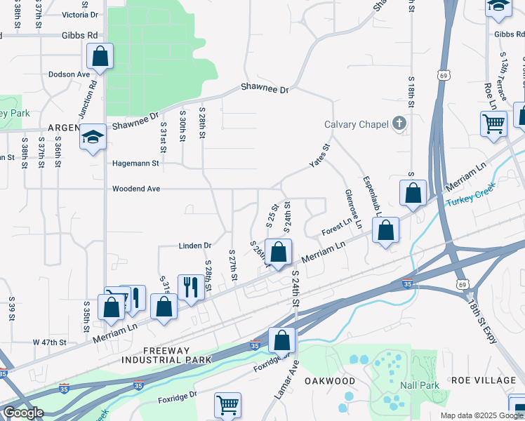 map of restaurants, bars, coffee shops, grocery stores, and more near 2808 South 25th Street in Kansas City