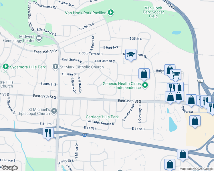 map of restaurants, bars, coffee shops, grocery stores, and more near 3723 South Beatrice Drive in Independence