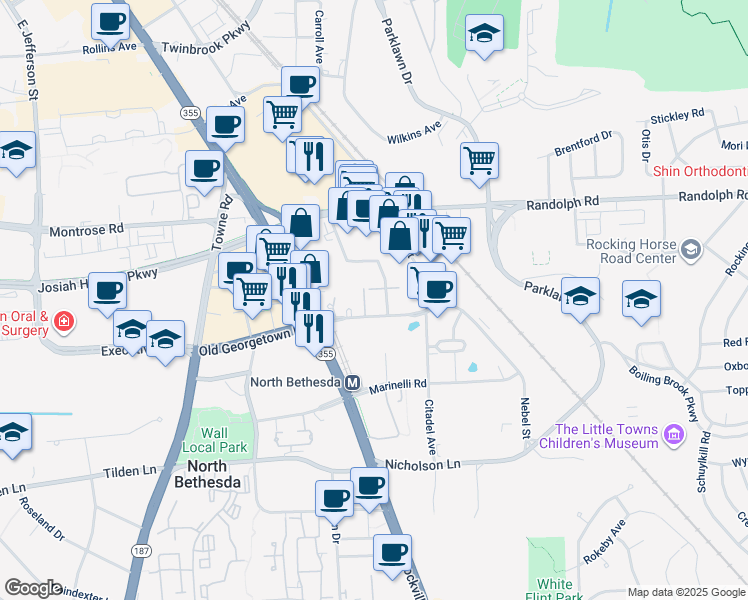 map of restaurants, bars, coffee shops, grocery stores, and more near 11750 Old Georgetown Road in North Bethesda