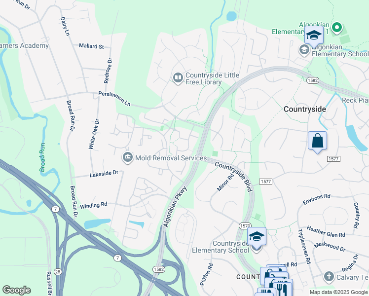 map of restaurants, bars, coffee shops, grocery stores, and more near 20 Alden Court in Sterling
