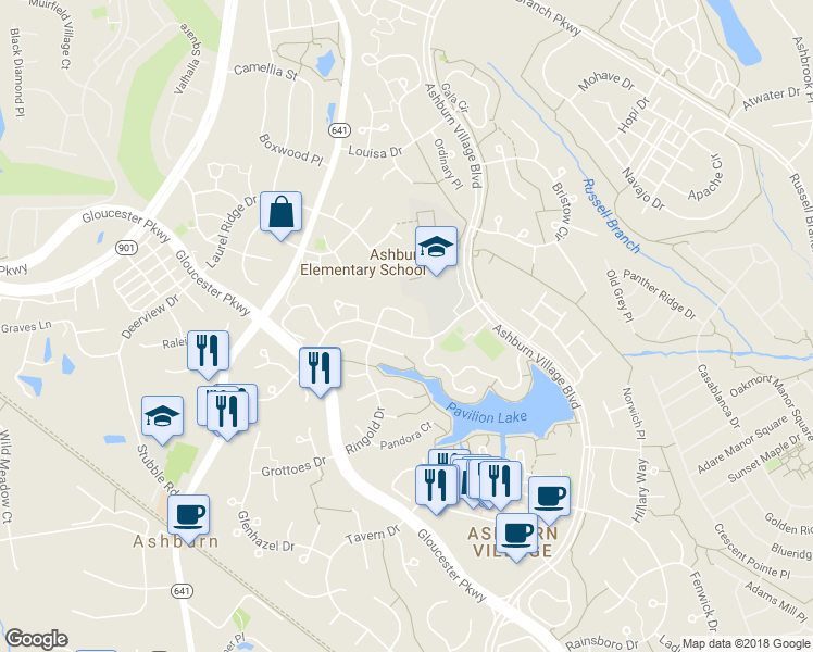 map of restaurants, bars, coffee shops, grocery stores, and more near 44053 Aberdeen Terrace in Ashburn