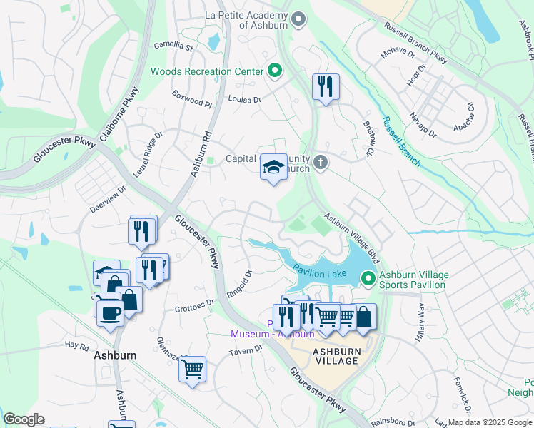 map of restaurants, bars, coffee shops, grocery stores, and more near 44053 Aberdeen Terrace in Ashburn