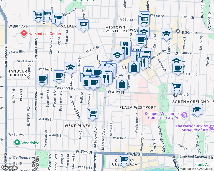 map of restaurants, bars, coffee shops, grocery stores, and more near 697 Westport Road in Kansas City