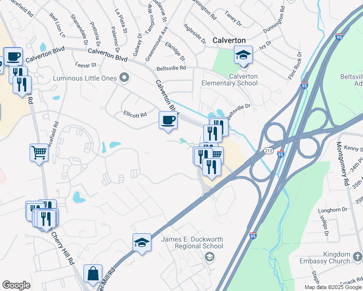 map of restaurants, bars, coffee shops, grocery stores, and more near 11710 Beltsville Drive in Beltsville