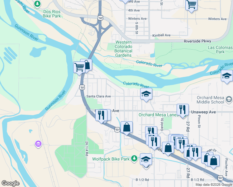 map of restaurants, bars, coffee shops, grocery stores, and more near 714 Santa Clara Avenue in Grand Junction