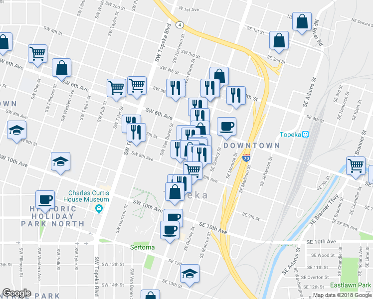 map of restaurants, bars, coffee shops, grocery stores, and more near 700 Southwest Jackson Street in Topeka