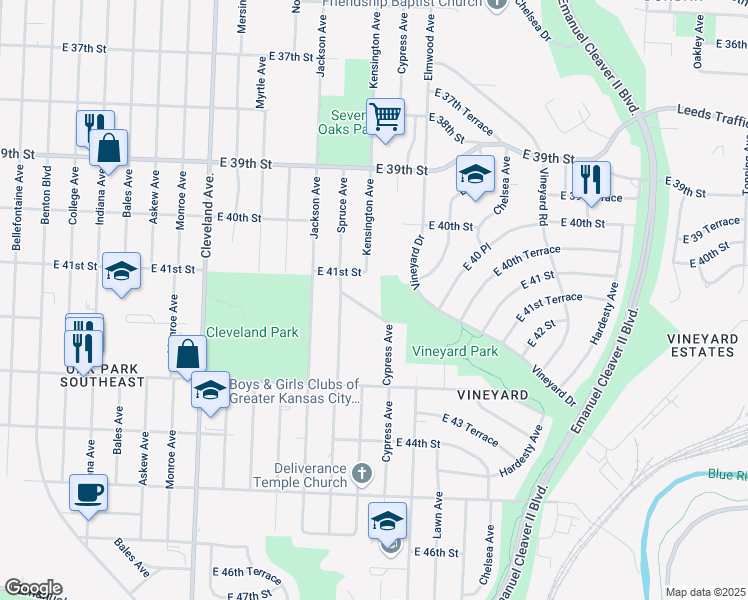 map of restaurants, bars, coffee shops, grocery stores, and more near 4315 East 41st Street in Kansas City