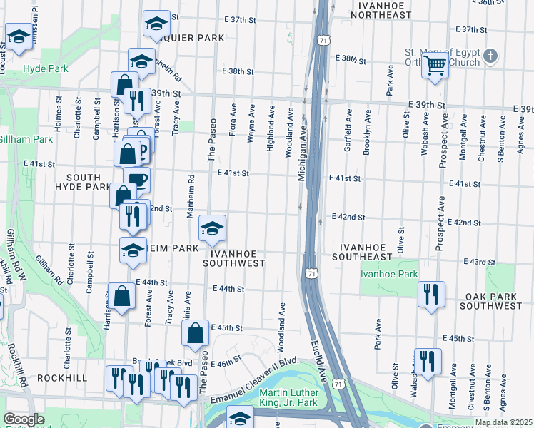map of restaurants, bars, coffee shops, grocery stores, and more near 4132 Highland Avenue in Kansas City