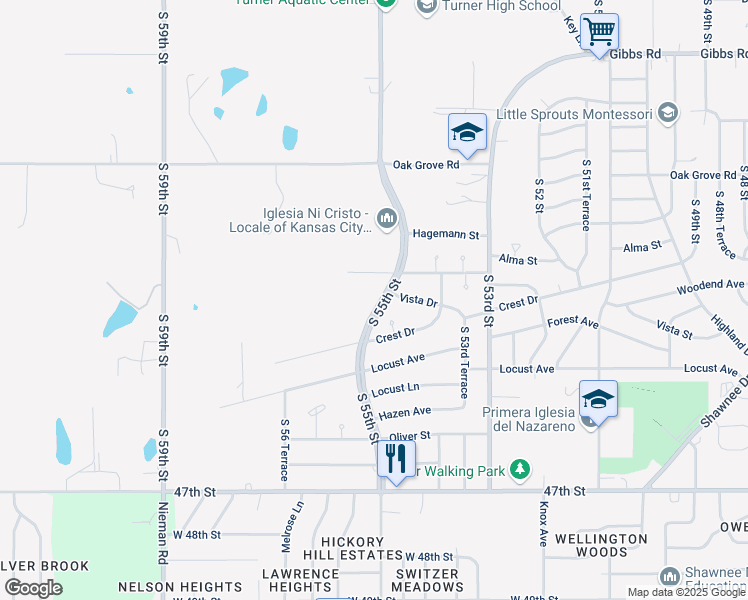 map of restaurants, bars, coffee shops, grocery stores, and more near 2812 South 55th Street in Kansas City