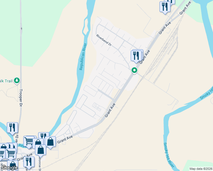 map of restaurants, bars, coffee shops, grocery stores, and more near 820 Grant Avenue in Junction City