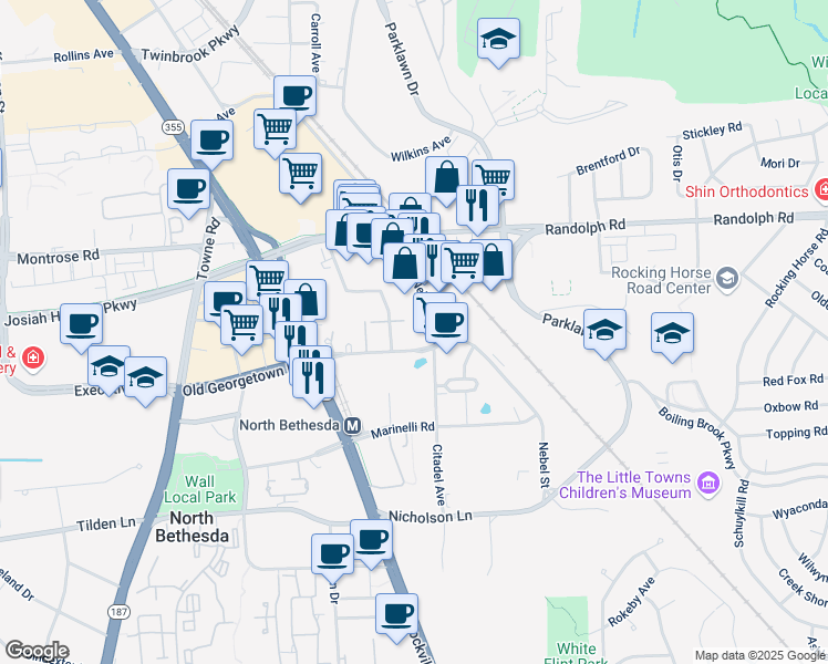 map of restaurants, bars, coffee shops, grocery stores, and more near 11800 Old Georgetown Road in North Bethesda