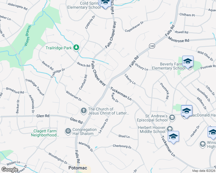 map of restaurants, bars, coffee shops, grocery stores, and more near Falls Road & Tuckerman Lane in Potomac