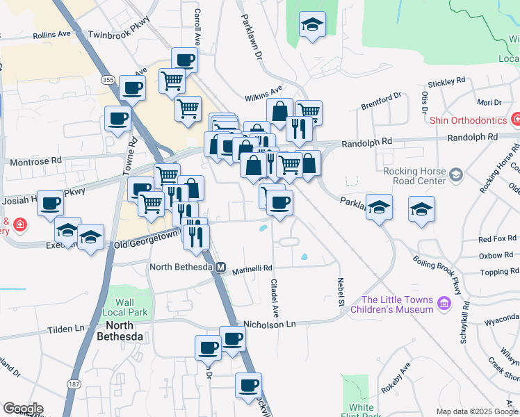 map of restaurants, bars, coffee shops, grocery stores, and more near 11800 Old Georgetown Road in North Bethesda
