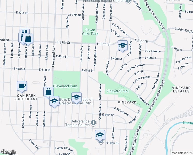 map of restaurants, bars, coffee shops, grocery stores, and more near 4315 East 41st Street in Kansas City