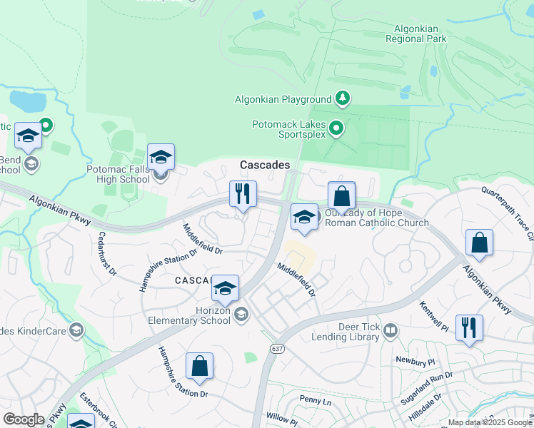 map of restaurants, bars, coffee shops, grocery stores, and more near 46683 Welton Terrace in Sterling