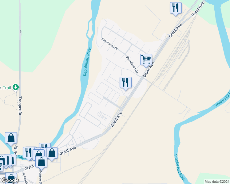 map of restaurants, bars, coffee shops, grocery stores, and more near 39 Fuller Circle in Junction City