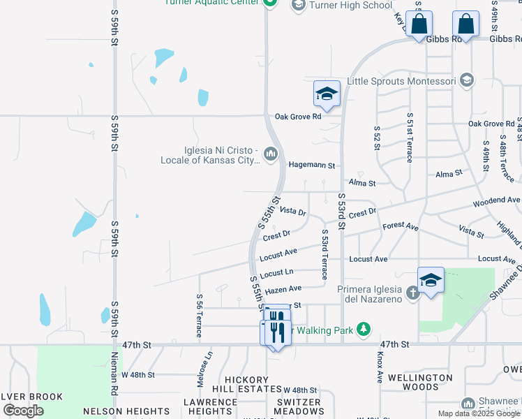 map of restaurants, bars, coffee shops, grocery stores, and more near 2812 South 55th Street in Kansas City
