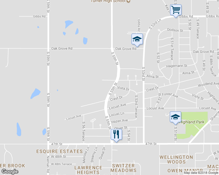 map of restaurants, bars, coffee shops, grocery stores, and more near 2812 South 55th Street in Kansas City