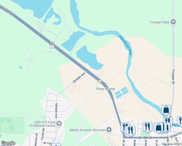 map of restaurants, bars, coffee shops, grocery stores, and more near Kansas 57 in Junction City