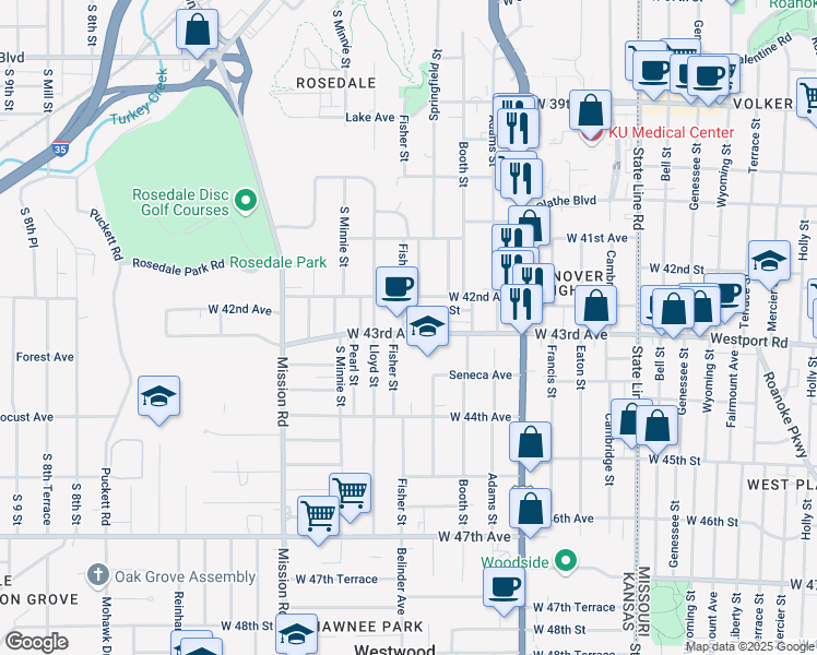 map of restaurants, bars, coffee shops, grocery stores, and more near 2715 West 42nd Avenue in Kansas City
