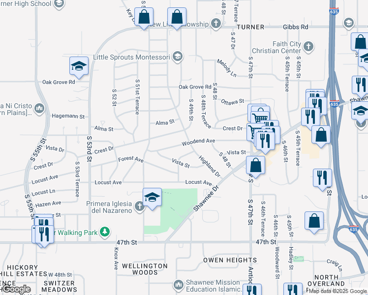 map of restaurants, bars, coffee shops, grocery stores, and more near 4909 Woodend Avenue in Kansas City