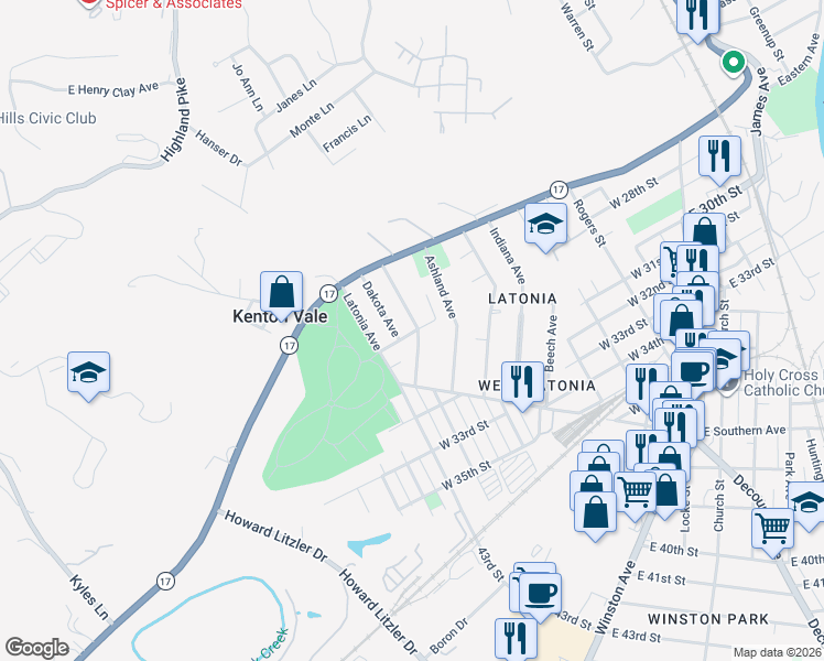 map of restaurants, bars, coffee shops, grocery stores, and more near 2739 Alexandria Avenue in Covington