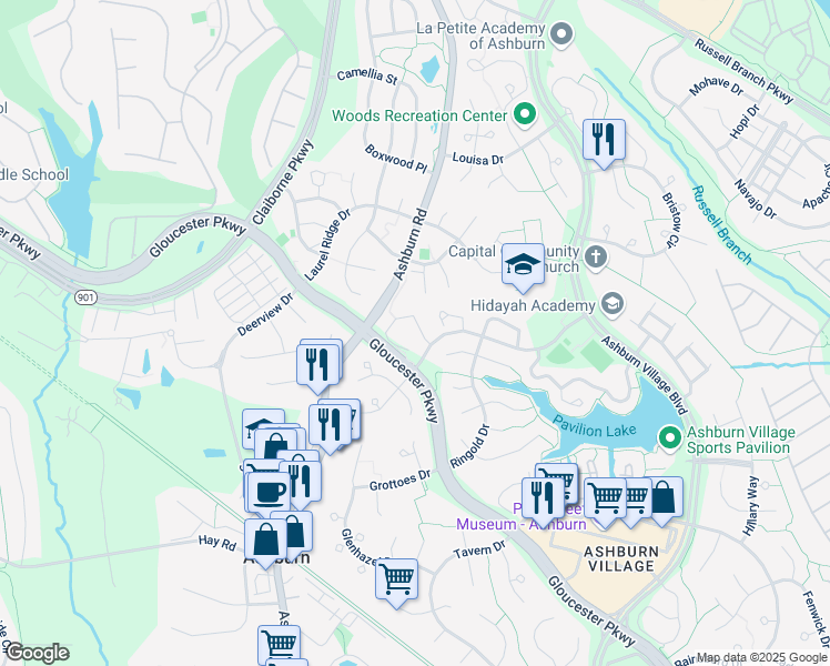 map of restaurants, bars, coffee shops, grocery stores, and more near 43905 Chloe Terrace in Ashburn