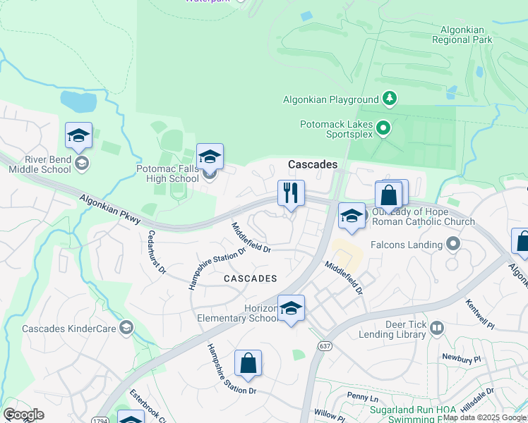 map of restaurants, bars, coffee shops, grocery stores, and more near 46600 Ellicott Square in Potomac Falls