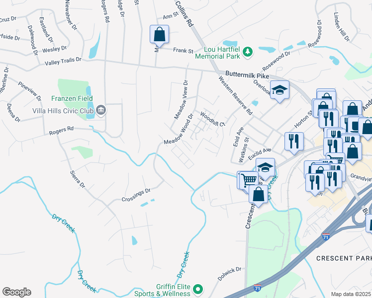 map of restaurants, bars, coffee shops, grocery stores, and more near 723 Meadow Wood Drive in Crescent Springs