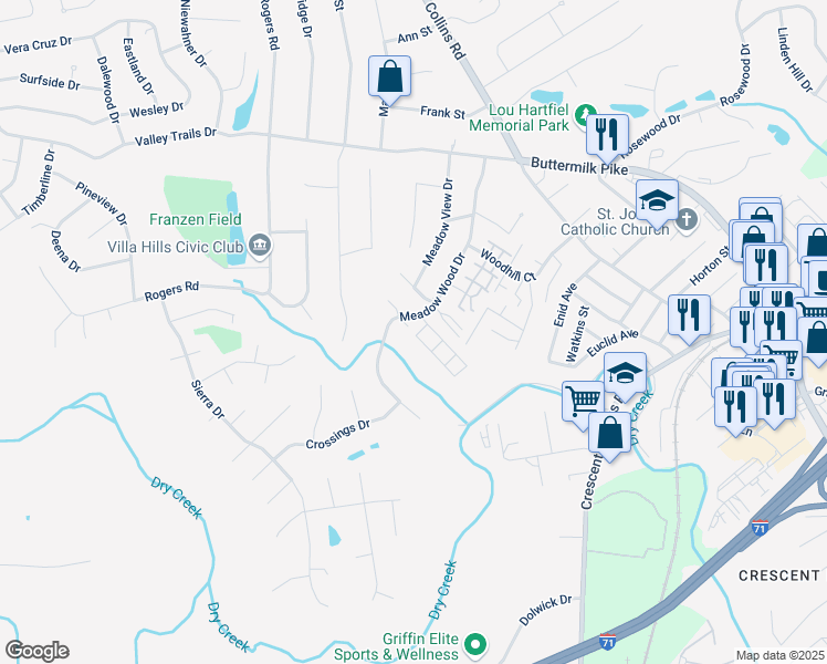 map of restaurants, bars, coffee shops, grocery stores, and more near 722 Meadow Wood Drive in Crescent Springs