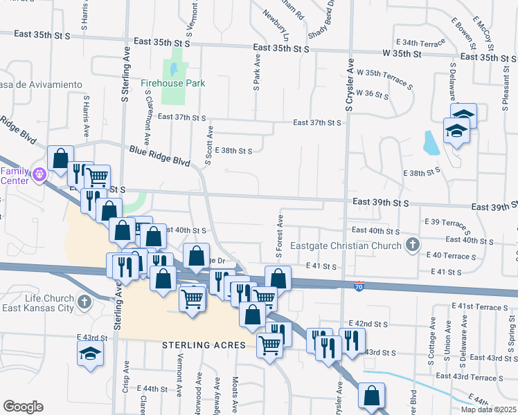 map of restaurants, bars, coffee shops, grocery stores, and more near 3849 South Vassar Avenue in Independence
