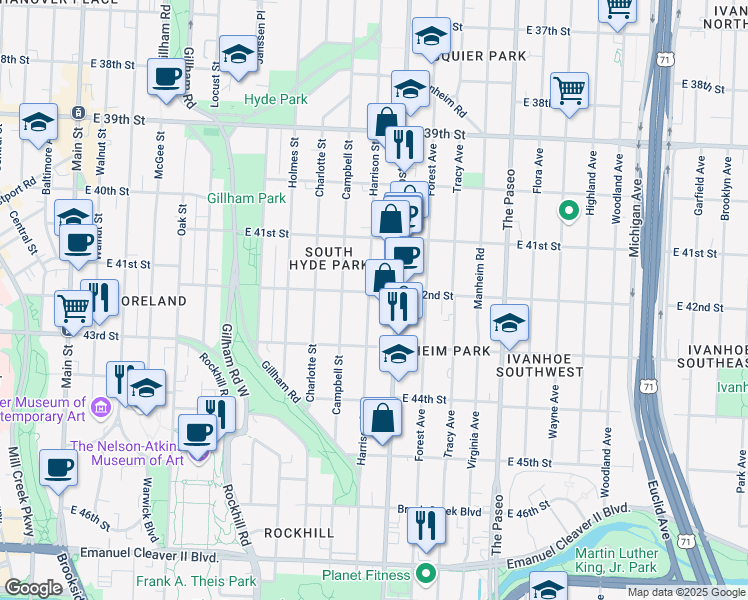 map of restaurants, bars, coffee shops, grocery stores, and more near 4149 Harrison Street in Kansas City