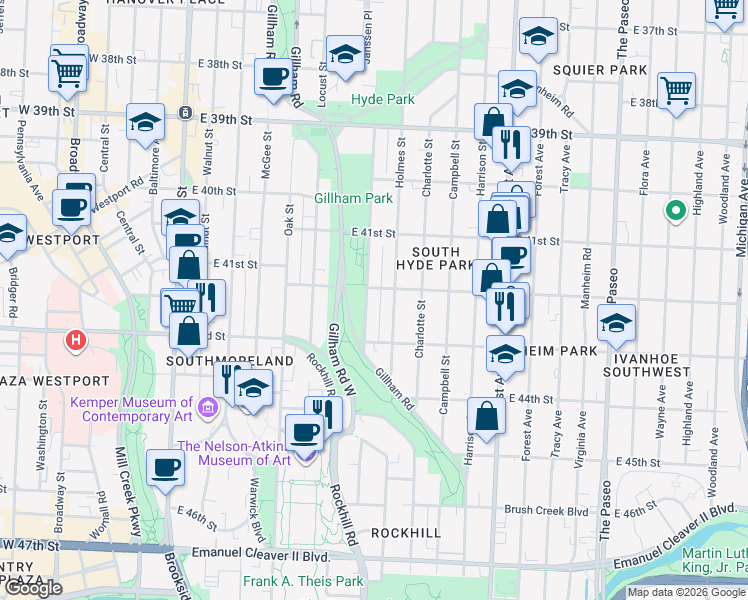 map of restaurants, bars, coffee shops, grocery stores, and more near 4147 Kenwood Avenue in Kansas City