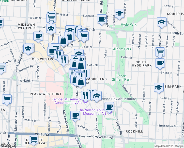 map of restaurants, bars, coffee shops, grocery stores, and more near 4111 Warwick Boulevard in Kansas City